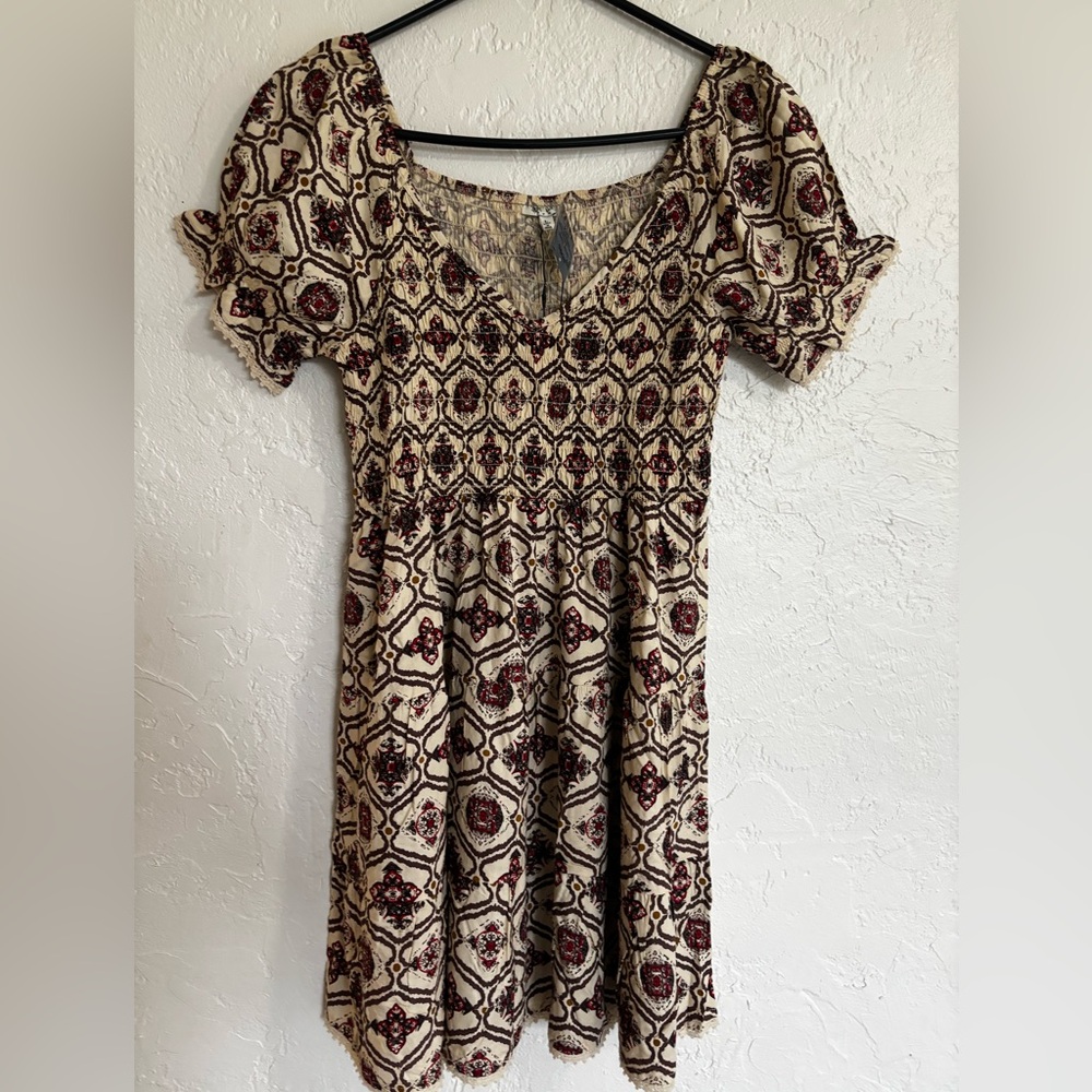 NWT Speed Limit MPH Brown Boho Smocked Peasant Dress‎ L